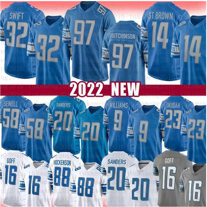 

Football Jersey Detroit''Lions''89 Brock Wright 44 Malcolm Rodriguez 97 Aidan Hutchinson 14 Amon-Ra St. Brown 16 Jared Goff 32 D'Andre Swift 42 Justin Jackson, Color