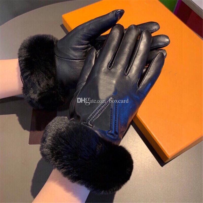 Automne hiver fourrure de lapin gants en cuir lettre de créateur mitaines brodées femmes écran tactile gant avec velours à l'intérieur de la boît