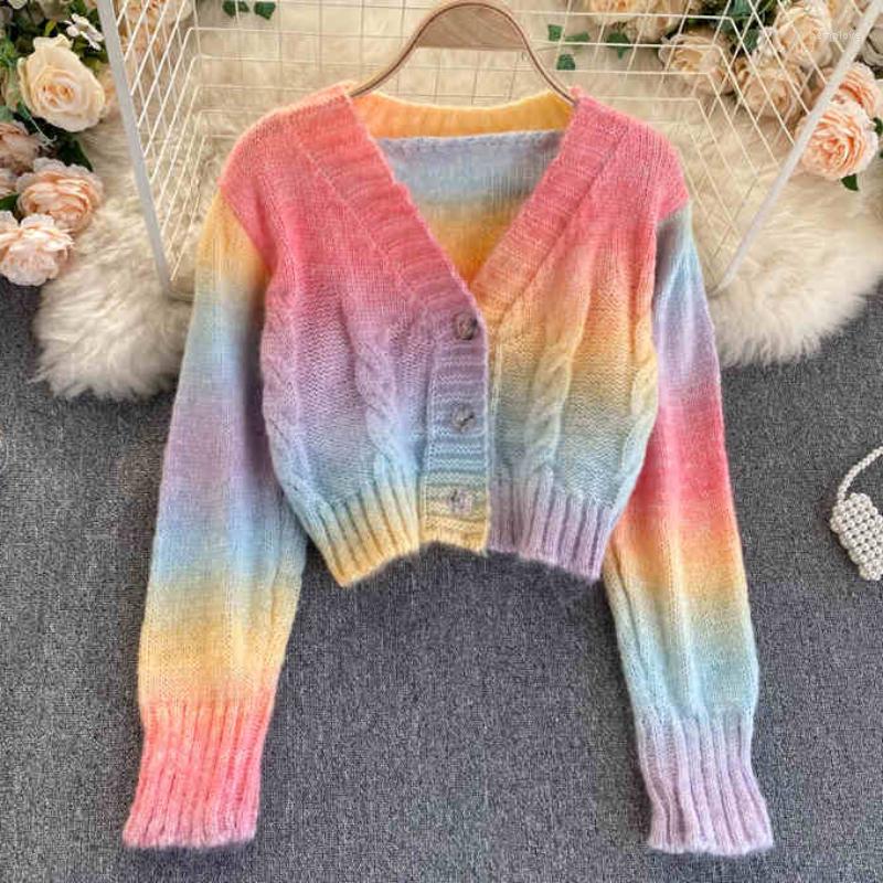 

Women's Knits Autumn Winter Sweaters Coat All-Match V-Neck Cardigans Fashion Rainbow Striped Knitted Cardigan Short Sweater, Picture color