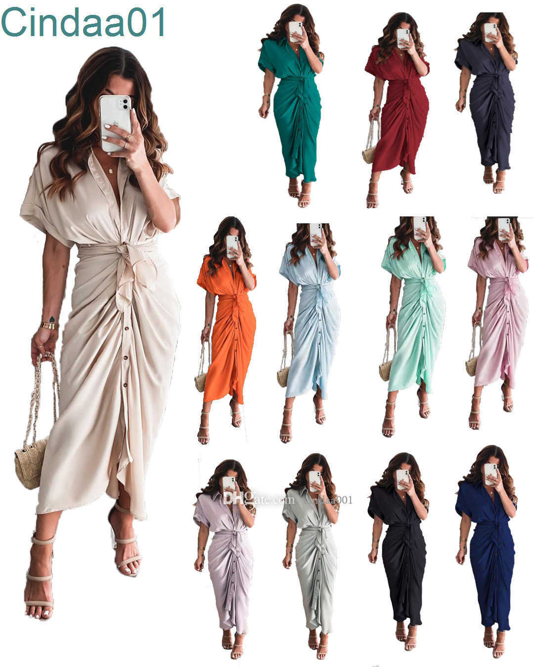 

Designer Womens Shirt Dress 2022 Summer New Solid Dress Commuting Fashion Forged Face Long Dresses, Green