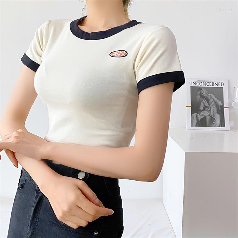 

Women' T Shirts European And American Style Retro Slim Fit Thin Contrast Color Wrapped Round Neck Short Sleeve T-shirt Women' Summer, Black