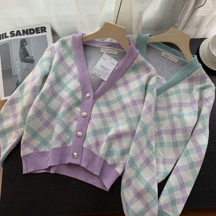 

Women's Knits Obrix Elegant Soft Female Cardigan V-Neck Single Breasted Office Lady Feminine Light Short Vintage Romantic Outfit For Women, Green