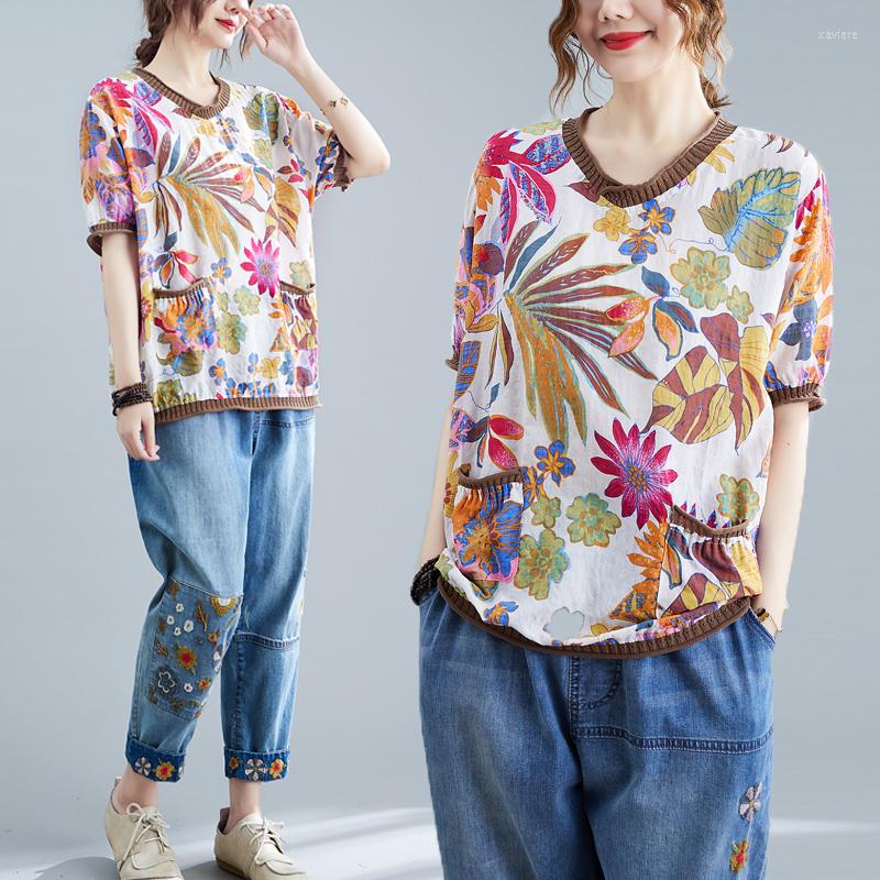 

Women's T Shirts V-neck Short Sleeve Cotton Linen T-shirt Loose And Versatile Top Printed Women's Wear, Picture color