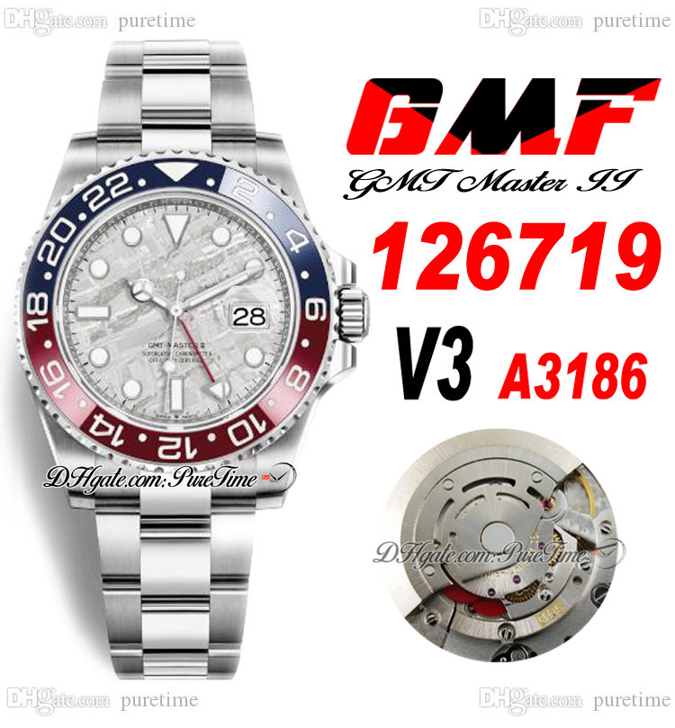 

GMF GMT II Pepsi A3186 Automatic Mens Watch V3 40mm 126719 Red Blue Ceramic Bezel Meteorite Dial 904L OysterSteel Bracelet Super Edition Same Series Card Puretime E5, Customized warranty card