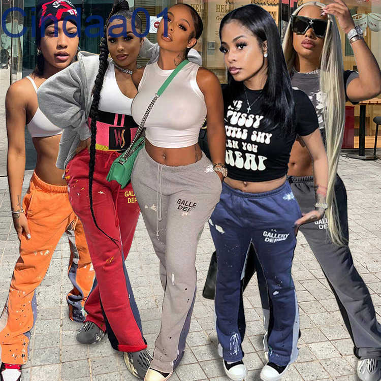 

Women Stacked Black Sweat Pants Designer Sports Leggings Fashion Printing Loose Drawstring Sweatpants, Dark blue