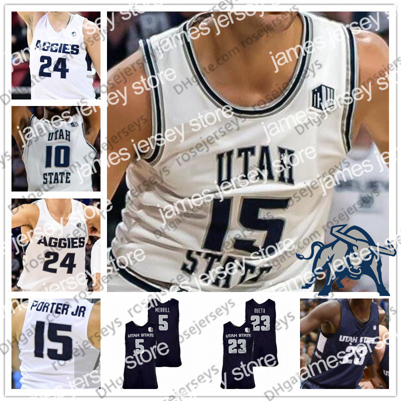 

College Basketball Wears Customized Utah State Aggies 2020 Basketball 5 Sam Merrill 23 Neemias Queta 24 Diogo Brito 34 Justin Bean MEN YOUTH KID Jerseys S-4XL, 2020 white round neck