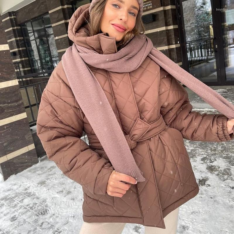 

Women's Down 2022 Winter Hooded Cotton Jacket Mid-length Diamond Check Belt Warm Large Size, Apricot