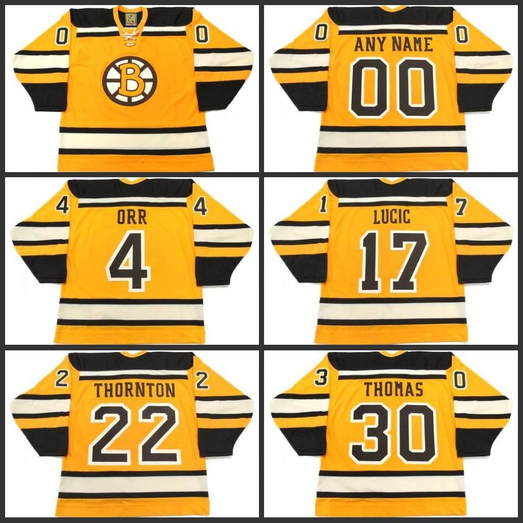 

4 BOBBY ORR 17 MILAN LUCIC 22 SHAWN THORNTON 30 TIM THOMAS Boston Bruins 2010 CCM Hockey Jersey S-3XL, Yellow