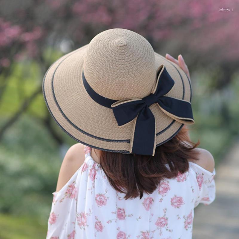 

Wide Brim Hats Women Sun Hat Korea Style Bow Braided Summer Foldable Protection Cap For Outdoor Fashion HatWide, Navy blue