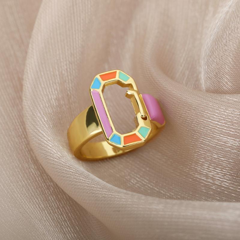 

Cluster Rings Vintage Geometric Square For Women Stainless Steel Colorful Enamel Dripping Oil Finger Ring Wedding Party Jewelry GiftCluster