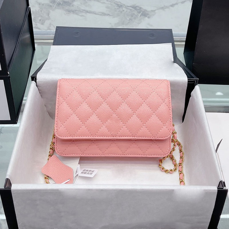 

Womens Caviar Leathe/Lambskin Quilted WOC Bags Wallet With Chain Gold Metal Hardware Matelasse Chain Crossbody Shoulder Card Holder Pochette Purse Handbag 19X12CM, Box