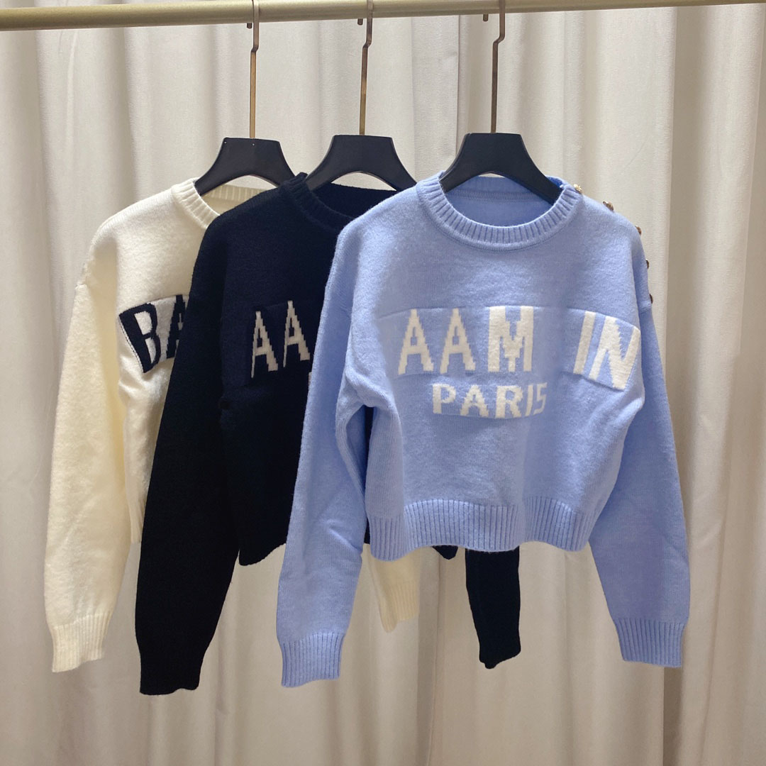 

Designers Womens Sweaters Pullover Tops Letter Printed Long Sleeve Knitted Hoodie Shoulder With Gold Button, Black