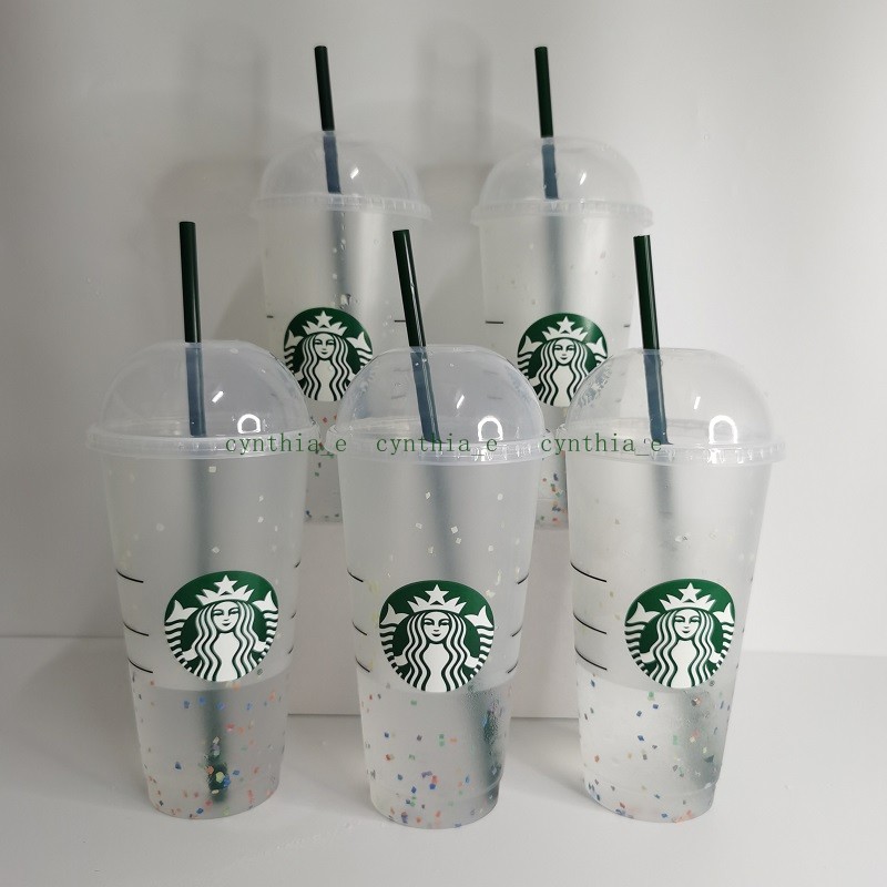 

24OZ Starbucks Dome Cover Rainbow Plastic Tumbler Reusable Green straw Clear Drinking Flat Bottom Cup Pillar Shape Lid Straw Mug Bardian, Customize