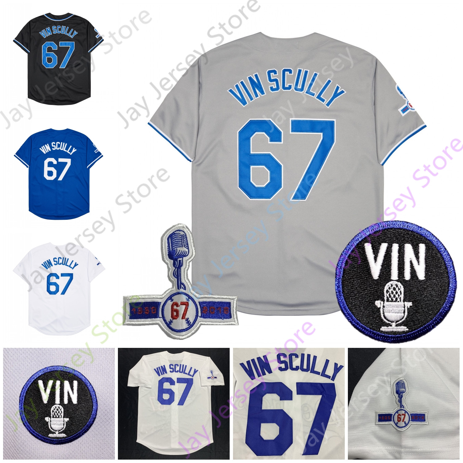 

67 Vin Scully Jersey 1950 2016 Patch White Voice Size S-3XL Blue Grey Black Button Down