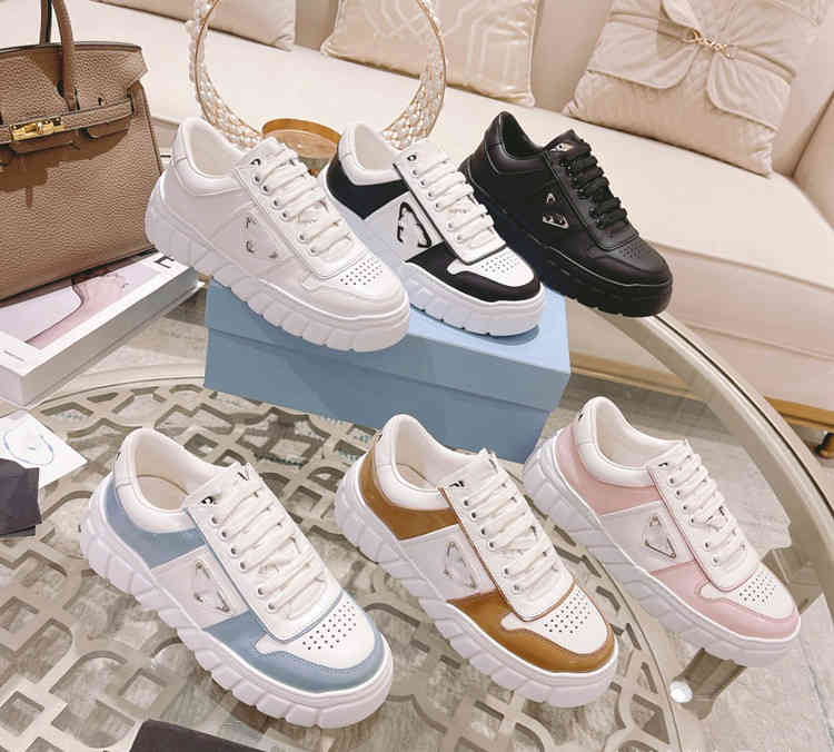 

Casual Shoes 2022 high end couple's new tie biscuit muffin thick soled small white P family triangle label casual board shoes, Light blue