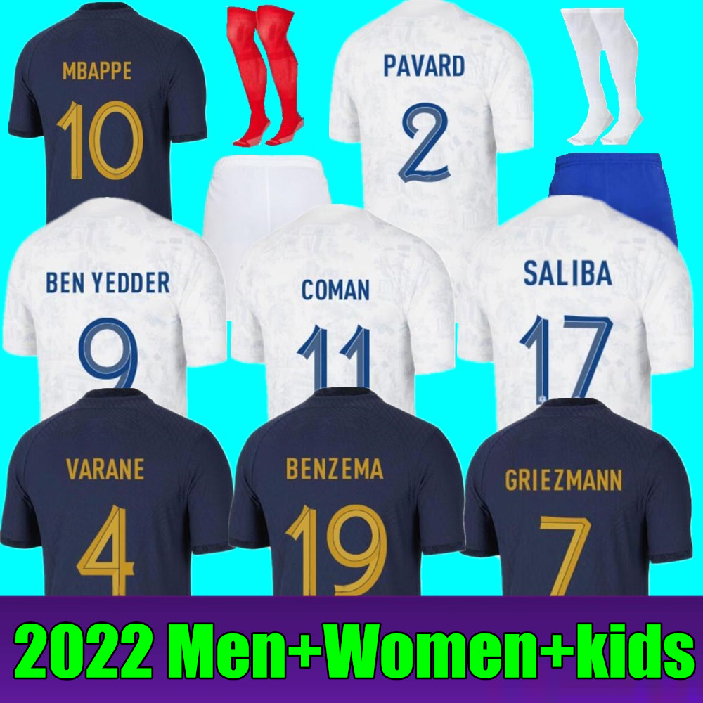 

Maillots de football 2022 World Cup Soccer Jersey French BENZEMA Football shirts MBAPPE GRIEZMANN POGBA kante maillot foot kit top shirt hommes enfants MEN kids set, Women away+world cup patch