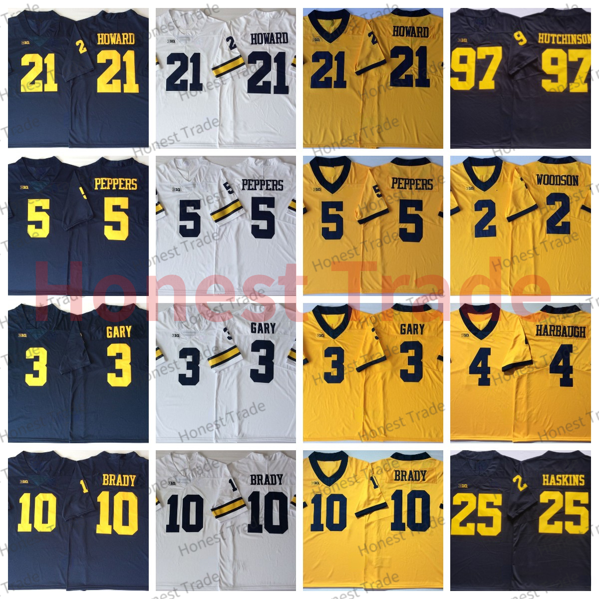 

NCAA 10 Tom Brady Football Jersey Michigan Wolverines 4 Jim Harbaugh 3 Rashan Gary 21 Desmond Howard Charles Woodson Jabrill Peppers Hutchinson Mens College Jerseys, Yellow