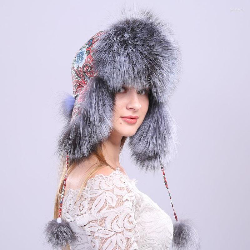 

Berets Natural Real Fur Snowboard Cap Winter PU Leather Hat With Earflap PomPom Flower Print Women Hats Ski Mask Beanies, Chinese style