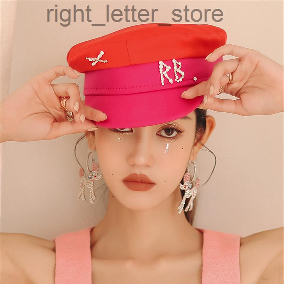 

2022 New Brand Designer Spring Summer Caps Women Two-colored Newsboy Cap Crystal-Embellished satin baker boy hat W220805206b, Hot pink-with logo
