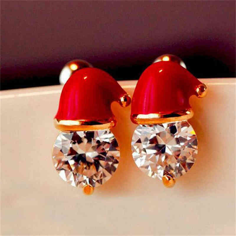 

Women's Stud Earrings 2020 Trend New Year Jewelry Gift Female Moissanite Santa Christmas Hat Piercing Ear Rings aretes 0916