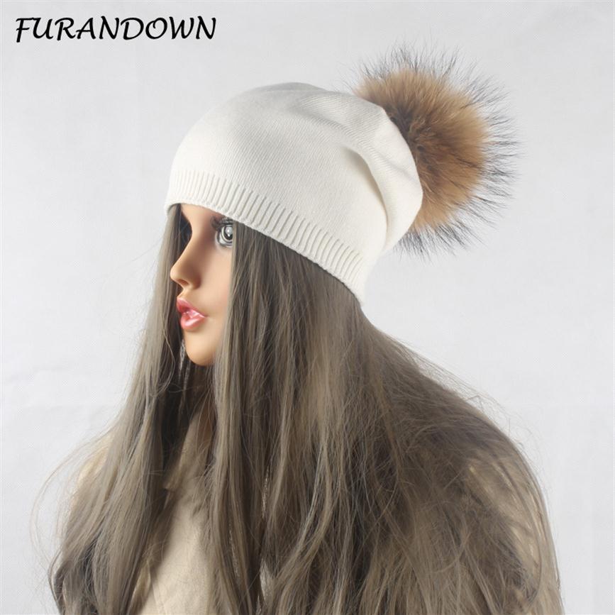 

FURANDOWN Winter Autumn Pom Pom Beanies Hat Women Knitted Wool Skullies Casual Cap Real Raccoon Fur Pompom Hats3256, White