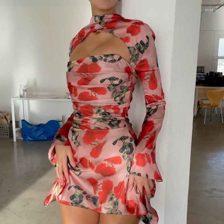 

Casual Dresses Elegant Floral Print High Neck Hollow-Out Bodycon Dress Women Fashion Long Flared Sleeve Mini Party Evening Female Vestido, Black