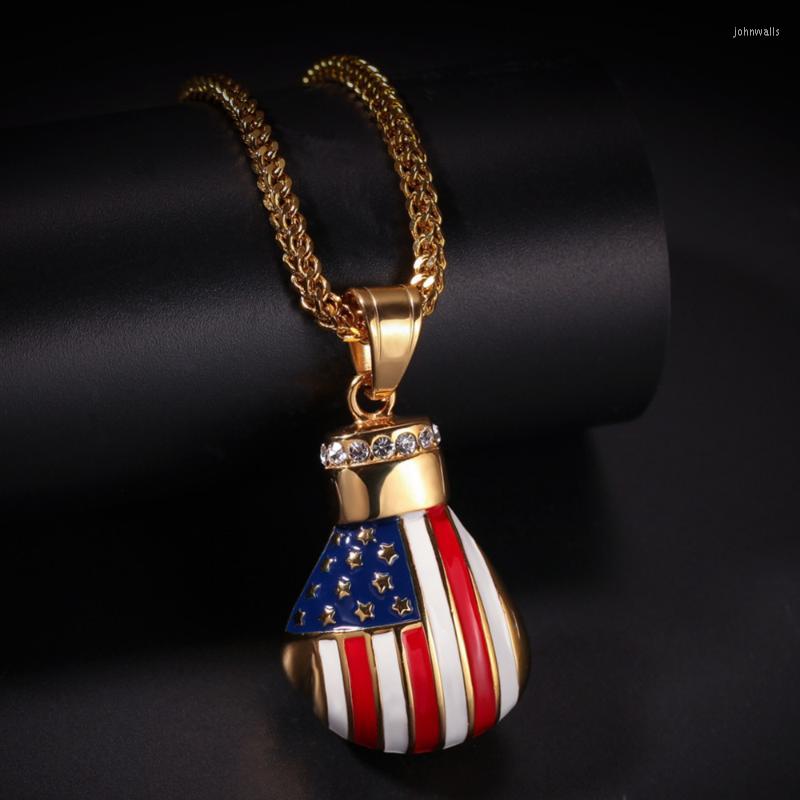 

Pendant Necklaces Hip Hop Rock Rhinestones Paved Gold Color Stainless Steel American Flag Boxing Gloves Pendants Necklace For Men Rapper Jew