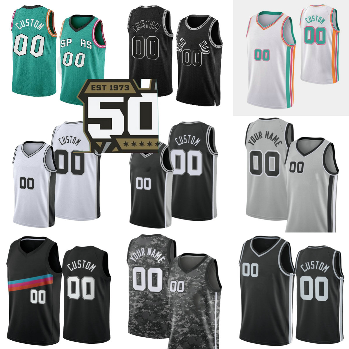 

50th Anniversary New Printed Basketball Jersey Custom 14 Blake Wesley 10 Jeremy Sochan 22 Malaki Branham 3 Keldon Johnson 7 Josh Richardson 23 Zach Collins Jerseys, Printed (stitched diamond 75th patch)