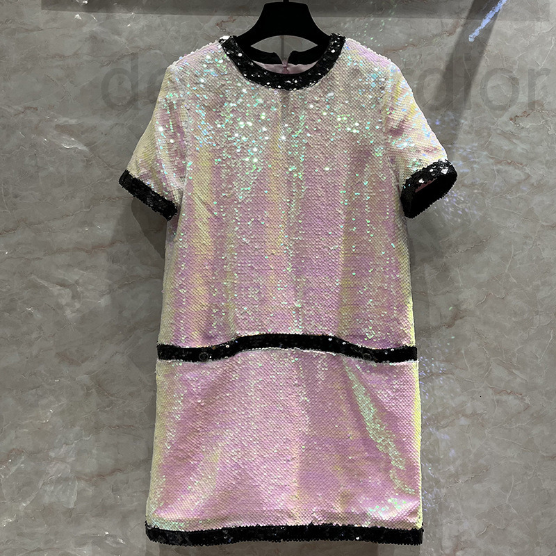 

Casual Dresses designer New Heavy Industry pink full bead sequins short sleeved dress small fragrance black ribbon edge loose H-shaped skirt 6L4O, 2# packing bag