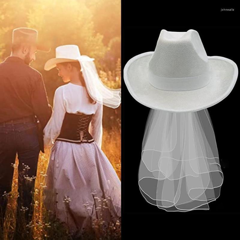 

Berets Est White Elegant Cowgirl Hat With Veil Bride Wedding Po Costume Props Summer Outdoor Women Western Cowboy CapsBerets, Style a