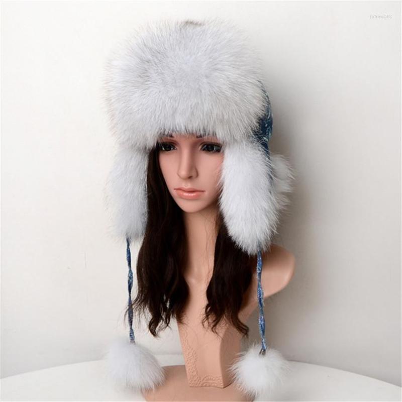 

Berets Women's Winter Hat With Earflaps Natural Fur Bomber Hats Russia Warm Ski H27, Black