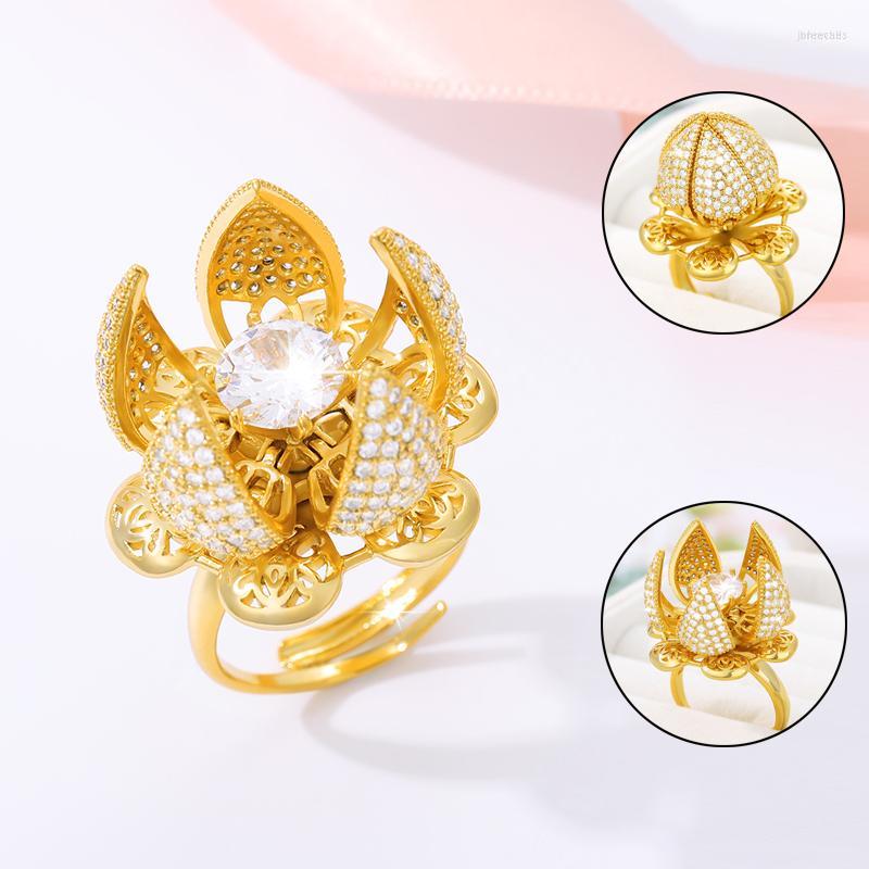 

Cluster Rings Vintage Flower Bud Plating Ring Switch Bling Crystal Zircon Charm Jewelry For Women Bijoux Femme 2022