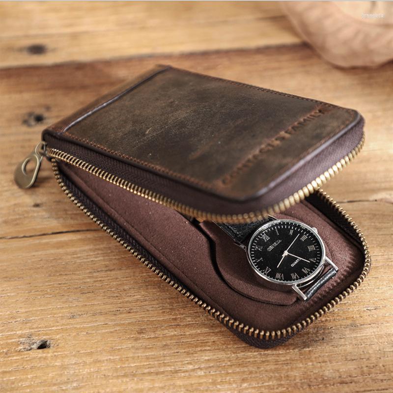 

Watch Boxes & Cases Soft Cow Leather Box Luxury Pouch With Zipper Portable Organizer Bag Travel Protective Cover 1-SlotWatch