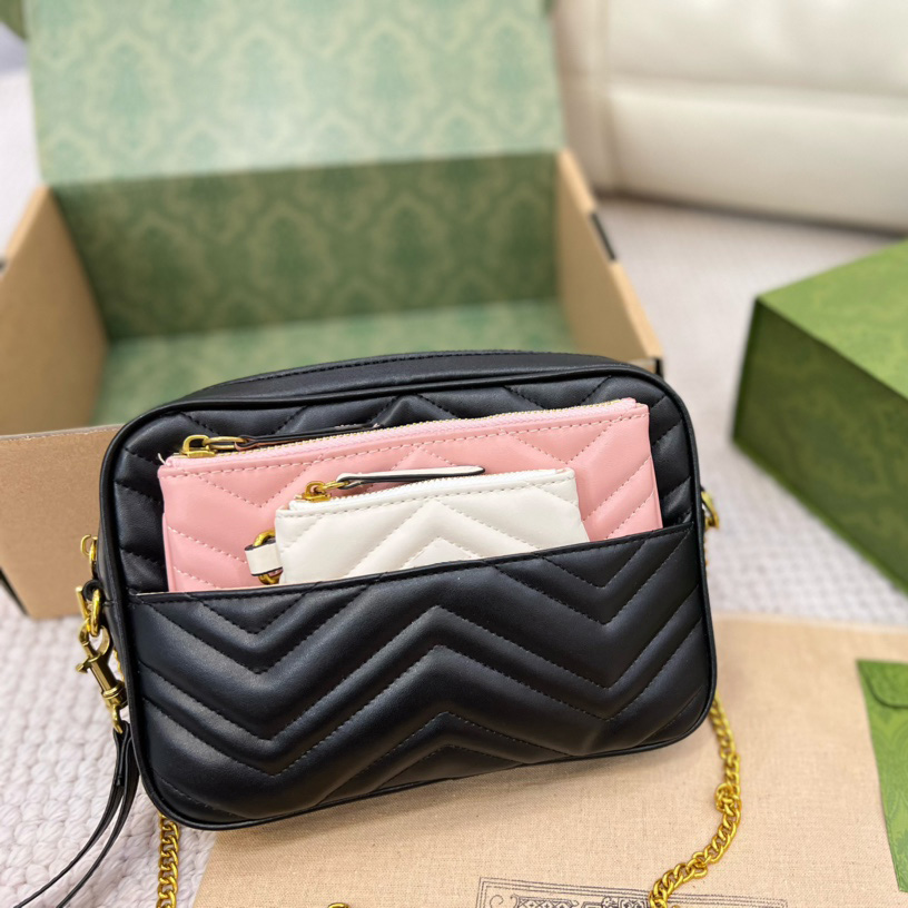 

Womens 3IN1 Wave Quilted Camerra Bags Genuine Leather Gold Metal Chain Croissbody Shoulder Multi Pochette Purse Pouch Coin Wallet Designer Handbags 23X16CM, Box