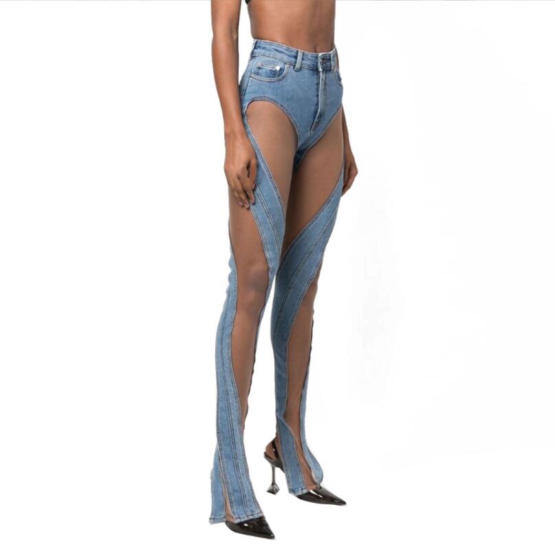 

European and American sexy Jeans Women Spiral hollow design Splicing split Denim trousers Femme Casual Pants w285, Blue