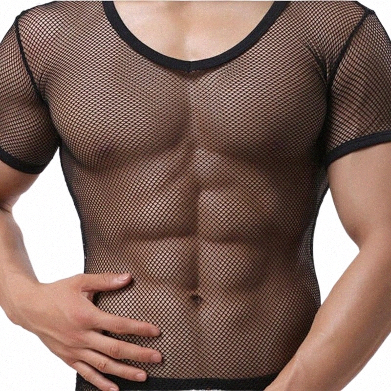

casual Solid Tight Sexy Mens Fitness Super Thin Shapewear Transparent Mesh See Through Short Sleeve T shirt Tops Tees Undershirt N7fY#, Black without boxer