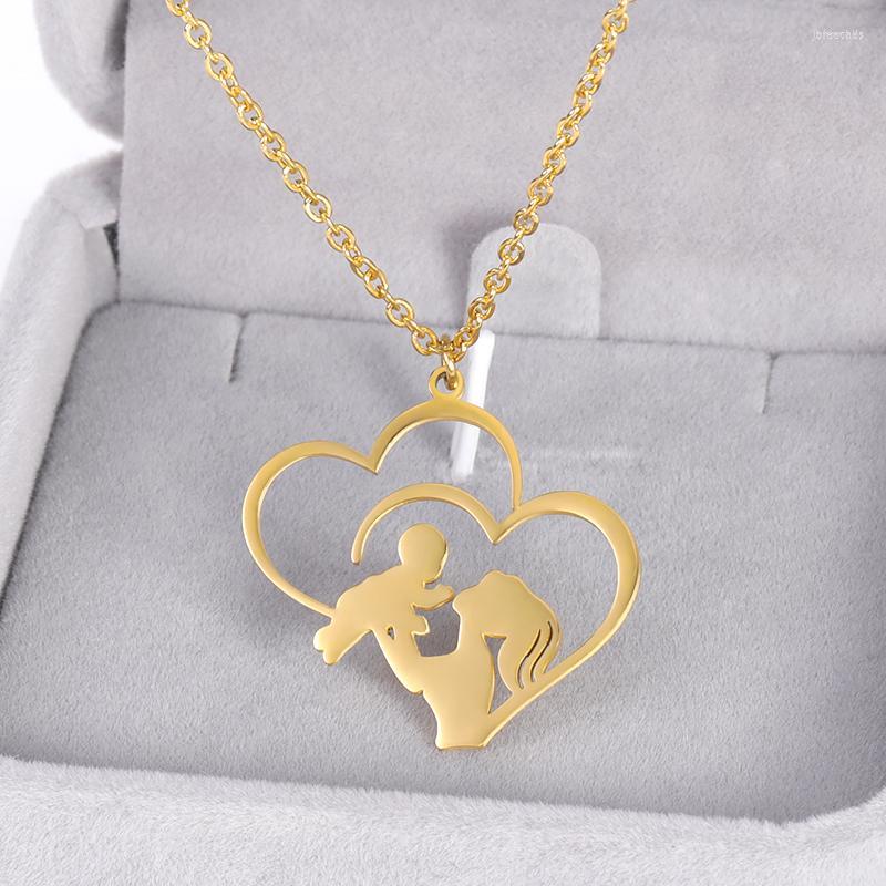 

Pendant Necklaces Women's Baby Mom Stainless Steel Gold Color Chain Necklace Double Love Heart Mujer Mother's Day Christmas Gift