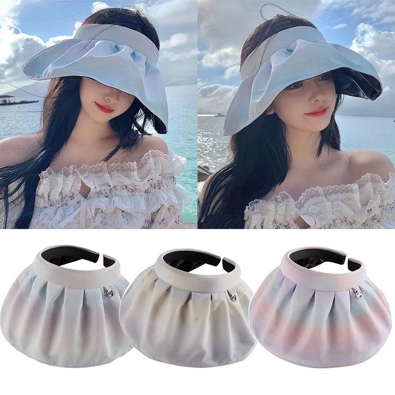 

Wide Brim Hats Gradient Color Sun Hat Summer Beach For Women Empty Top Visors Cap Dual-Use Portable Foldable Shell HatWide, Pink