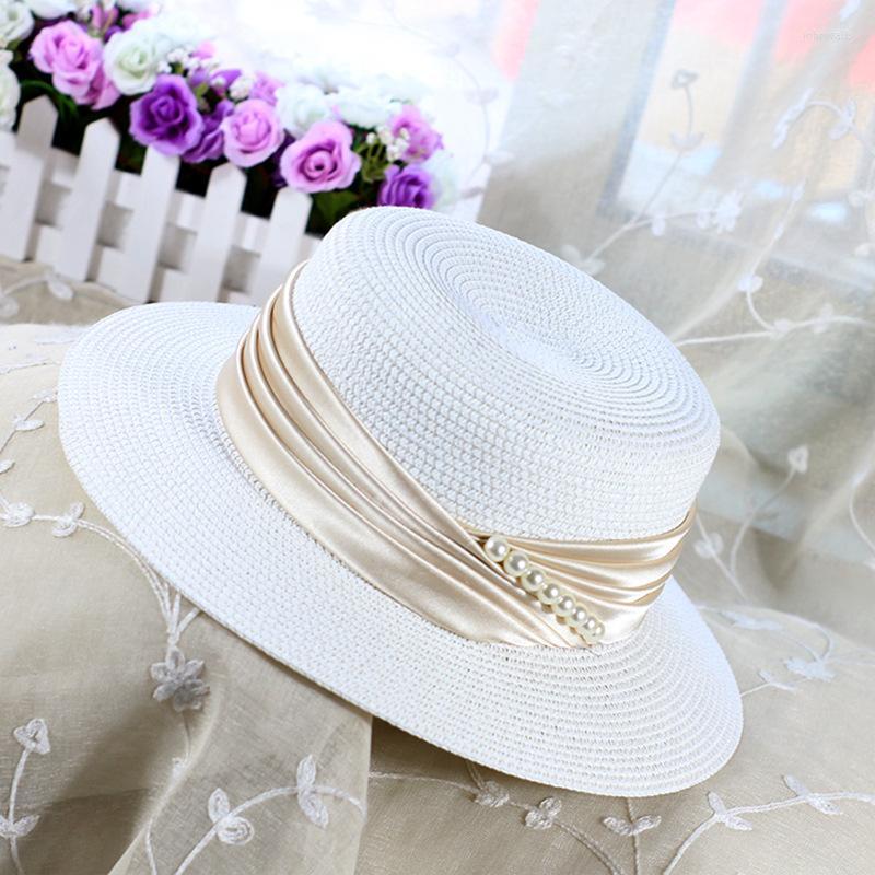 

Wide Brim Hats Summer Straw Hat Women Big Beach Sun Foldable Block UV Protection Pearl Panama Bone Chapeu FemininoWide, White