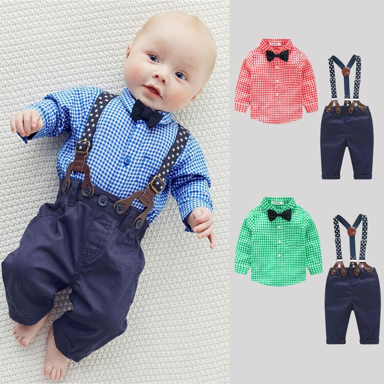 

Baby Boy Clothes Spring Newborn Baby Sets Infant Kids Clothing Gentleman Suit Plaid Shirt Bow Tie Suspend Trousers 2pcs Suits, Red