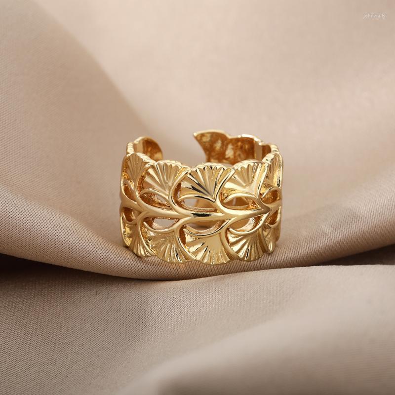 

Cluster Rings Vintage Ginkgo Leaves Open For Women Punk Leaf Charm Chain Adjustable Finger Ring Bohemian Jewelry Gift Bijoux FemmeCluster