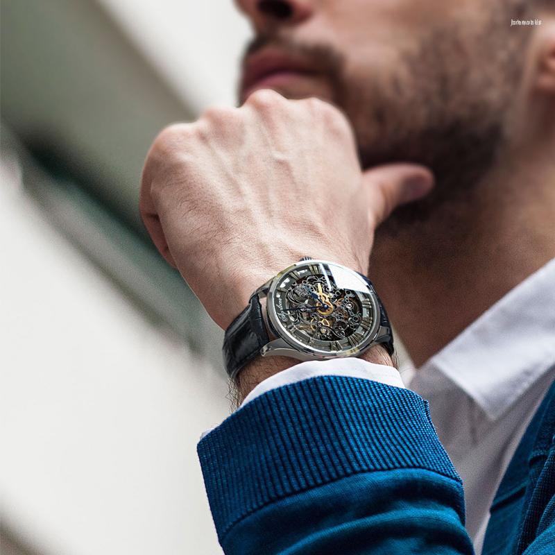 

Wristwatches Black Skeleton Men Mechanical Watches Waterproof Leather Watch Casual Wristwatch Relogio Masculino Erkek Kol SaatiWristwatches, 5402d2