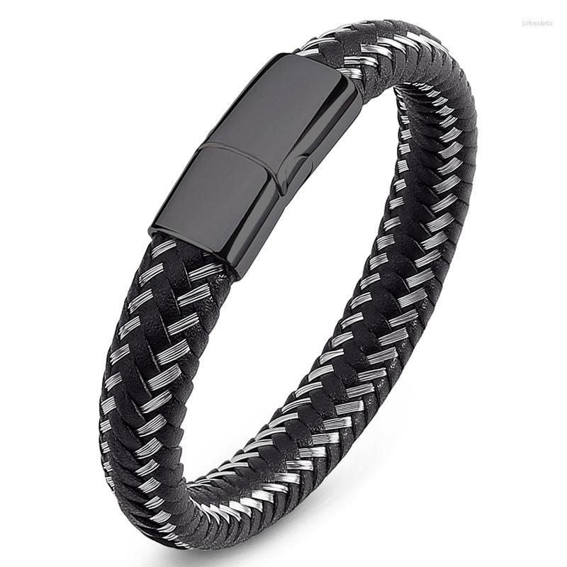 

Charm Bracelets Fashion Wire And Leather Rope Mixed Braided Bracelet Men Punk Jewelry Stainless Steel Magnetic Clasp Bangles Male Wristband