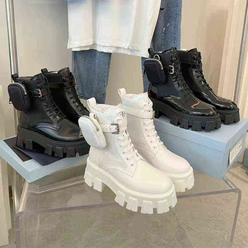 Bottes Monolith en cuir blanc pochette en nylon cheville plate-forme de combat compensées à lacets bout rond talons bloc bottillons plats gros cr