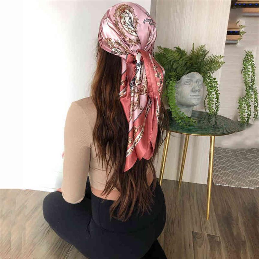 

Silk Scarf Luxury Brand Satin Print Hair Head Scarves Women Pareo Bandana Female Shawl Wrap Headband Foulard 90 90cm Headscarf Y220222275i