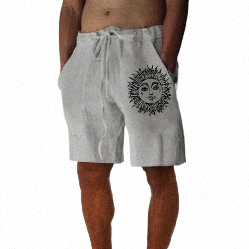 men's Shorts Mens Loose Summer Casual Cotton Linen Male Sun Moon Print Vintage Trouser Men Patchwork Drawstring Leisure PantsMen's Z8uI