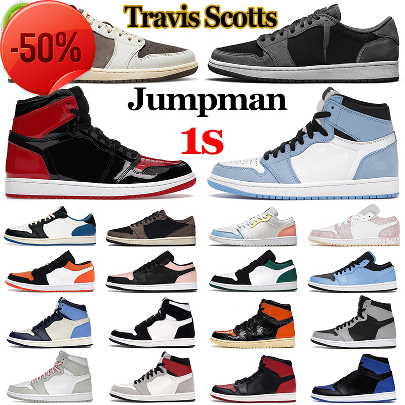 

Jumpman 1 Mens Basketball Shoes 1s Travis Scotts Black Phantom Reverse Mocha Bred Patent University Blue Unc Shadow Chicago Toe Women Men, Bred toe