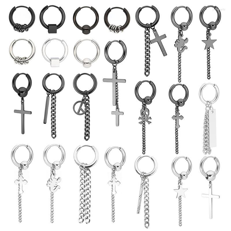 

Hoop Earrings & Huggie 1pcs Punk Stainless Steel Chain For Mens Cross Pendant Round Black Dangle Earings Rock Jewelry Korean Kpop GiftsHoop