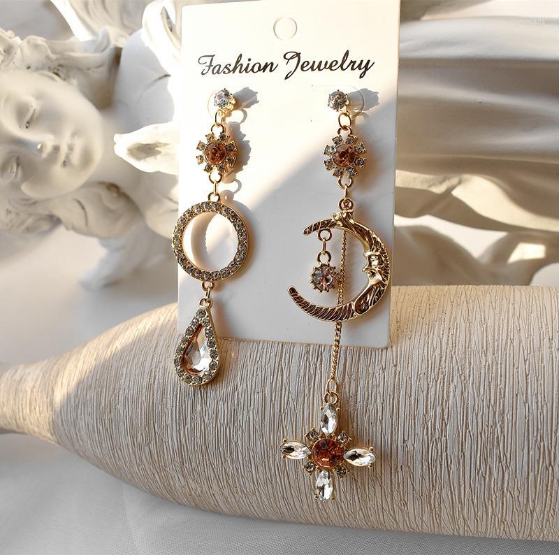 

Backs Earrings Clip-on & Screw Back Korean Luxury Long Tassel Cross Pendant Clip On Temperament Baroque Rhinestone Sun Moon Without