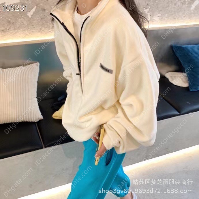 

Hoodie Autumn and Winter Fog Double Thread Essentials Fleece Half Zipper Pullover Plush Couple' Sweater Coat, Creamy-white